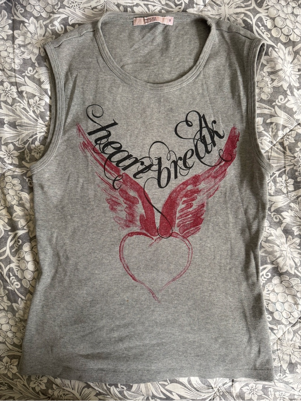 RED Valentino Gray Sleeveless Graphic Tank with Red Winged Heart